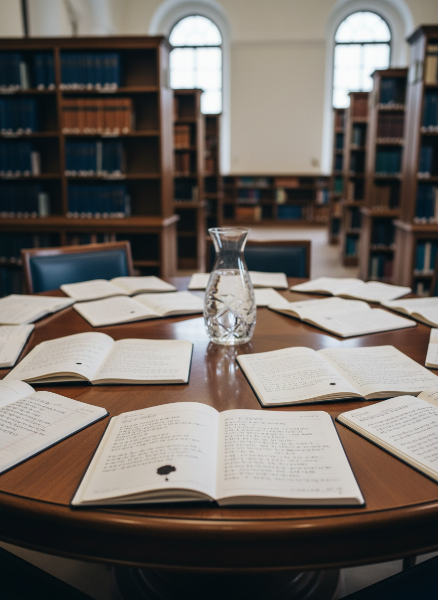 A round wooden table with a silky dark walnut surface, entirely covered by open notebooks, lined and unlined, each page filled with careful Korean handwriting, occasional ink smudges, and delicately underlined passages. A single crystal carafe of clear water sits in the center, light refracting through it onto the pages like ripples. The table stands in a quiet library room with floor-to-ceiling shelves, colors muted to deep blues and warm browns. Soft overcast daylight filters through tall windows, creating even, diffused light with minimal shadows. Photographic realism, shot from a slightly elevated angle following the curve of the table, with shallow depth of field emphasizing a single central notebook while the others blur into a gentle bokeh, expressing calm focus and shared reflection.