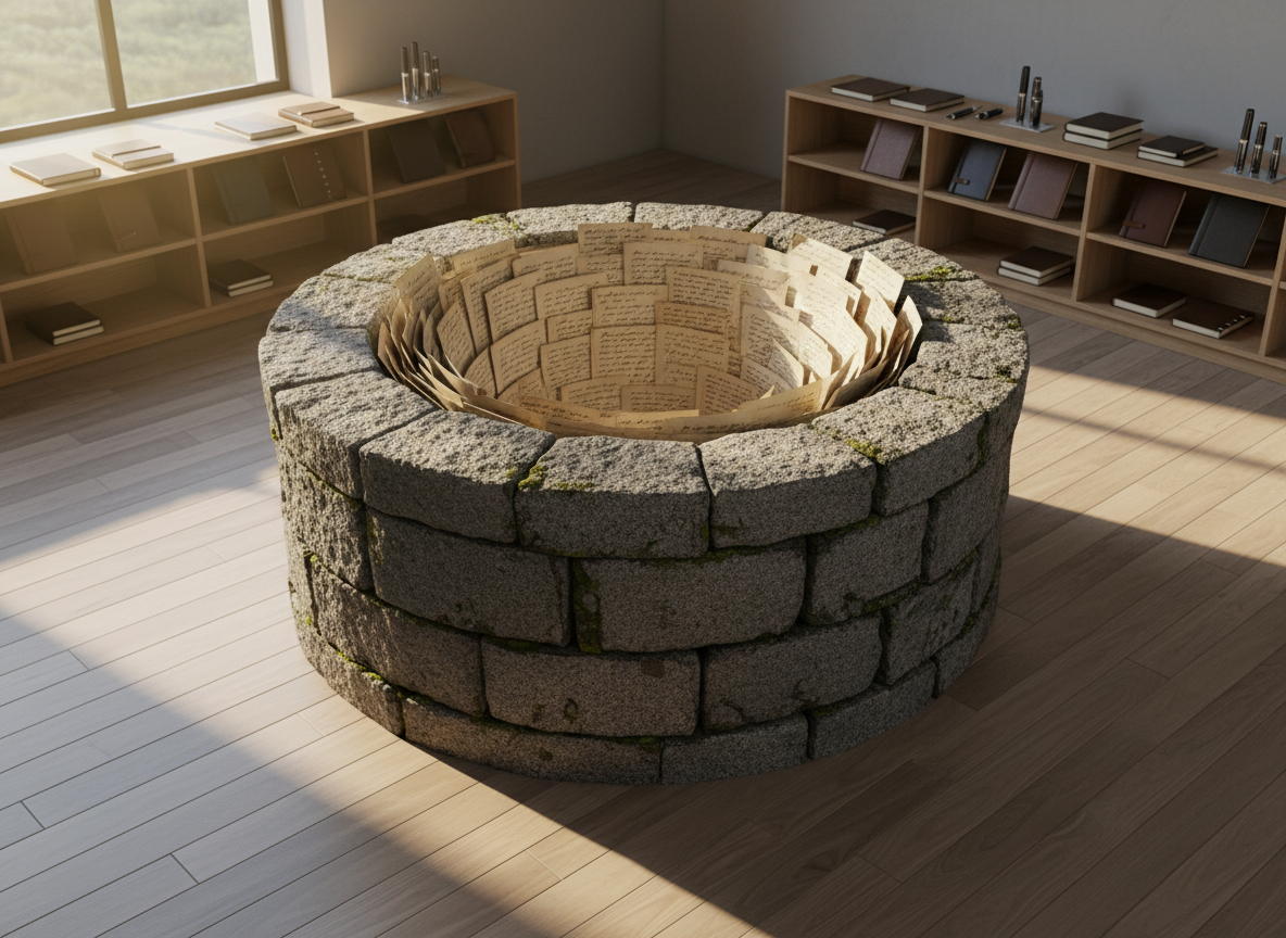A deep stone well filled not with water but with neatly stacked handwritten pages, their edges slightly curled, ink lines visible, forming gentle layers like geological strata. The well’s inner wall is old gray granite, subtly moss-kissed, set in the center of a minimalist study with pale wooden floors and low bookcases overflowing with journals and fountain pens. Late-afternoon natural light enters from a large unseen window, creating a soft golden shaft that grazes the paper layers and casts quiet, elongated shadows across the floor. Photographic realism, eye-level composition with a slight downward angle, moderate depth of field that keeps the well razor sharp while the surrounding shelves fall into an elegant, sophisticated blur, evoking a contemplative, literary atmosphere.