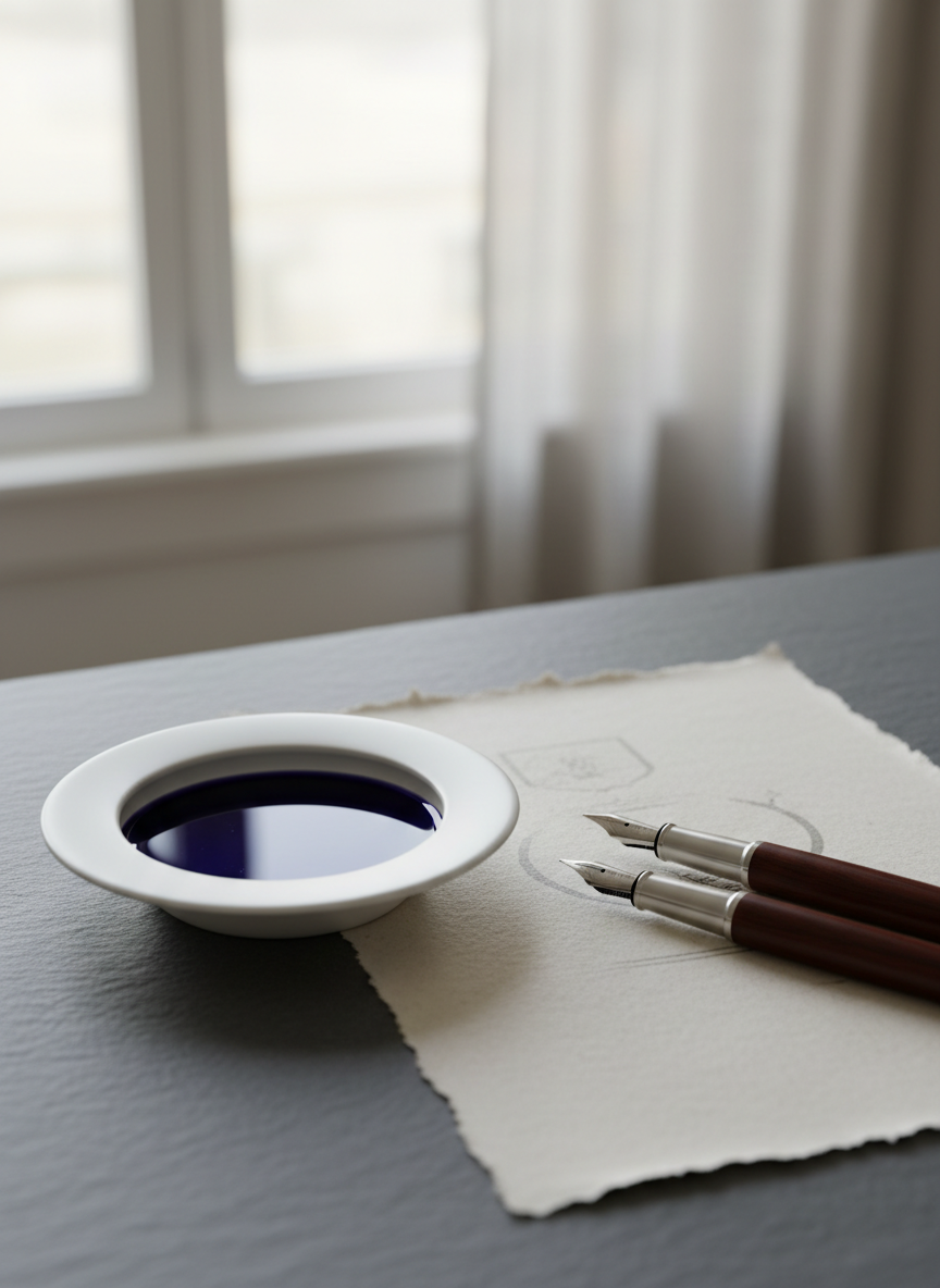 A pristine white ceramic ink well in the shape of a small circular pool, filled with dark indigo ink that reflects light like still water. Resting beside it are several high-quality fountain pens, each with different nib sizes, arranged purposefully on textured off-white handmade paper with faint deckled edges. The setting is a low, slate-colored writing desk near a tall window framed by sheer linen curtains. Morning light streams in softly, catching micro-textures in the paper and gentle reflections on the ink surface, casting delicate, precise shadows. Photographic realism, clean and minimalist composition using the rule of thirds, with the ink well as the anchor. A shallow depth of field keeps the ink surface and pen nibs in perfect focus while the background dissolves into a refined blur, conveying precision, sophistication, and the quiet anticipation before writing begins.